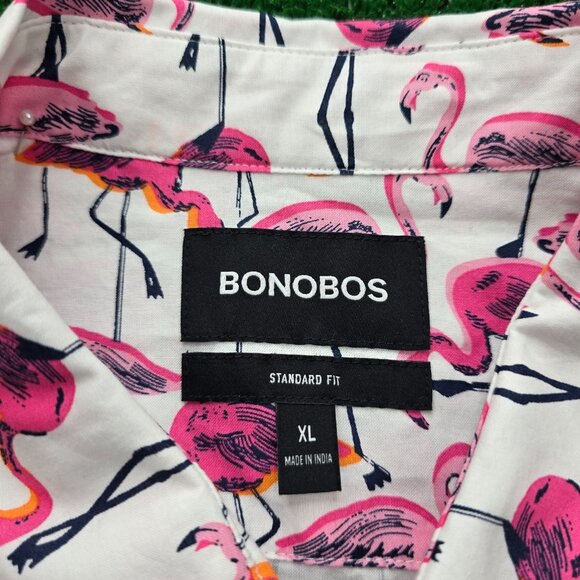 Bonobos Shirt Mens XL Pink White Button‎ Up Short Sleeve Flamingos AOP Preppy - Picture 5 of 7